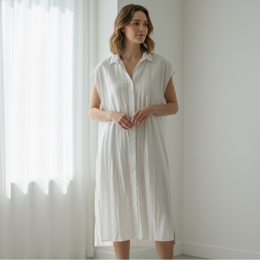 Uniqlo Sz XS Relaxed Oversized Linen Blend White Button Front Shirt Midi Dress - Picture 1 of 12